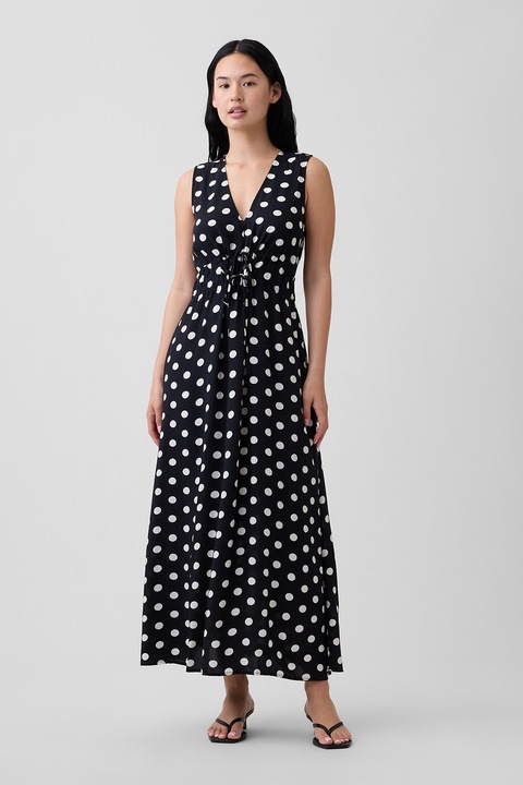 GAP, Rochie lunga cu model cu buline si decolteu in V, Negru/Alb optic