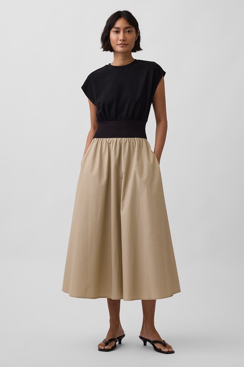 GAP, Rochie midi cu talie elastica, Negru/Bej