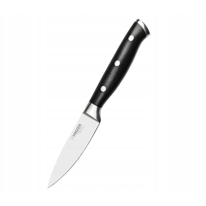 Zöldség/hámozó kés, Vinzer, Classic Line 50280, 8,9 cm-es penge, magas széntartalmú rozsdamentes acél, ergonomikus bakelit nyél, fekete