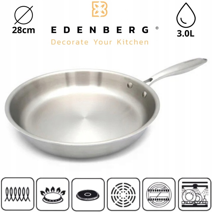 Edenberg professzionális serpenyő 28cm 3L texturált rozsdamentes acél ergonomikus