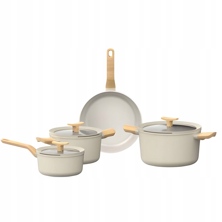 Set oale si tigai Berghoff Balance, set vase de gatit din aluminiu 100% reciclat, cu strat ceramic antiaderent CeraGreen fara PFAS, capace din sticla cu functie de scurgere, compatibil inductie si gaz, crem, 7 piese