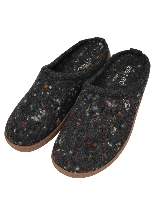 Papuci de casa barbati ESTRO – Pasla Naturala Premium, Antracit (Gri Inchis) „Speckle”, Antracit/negru