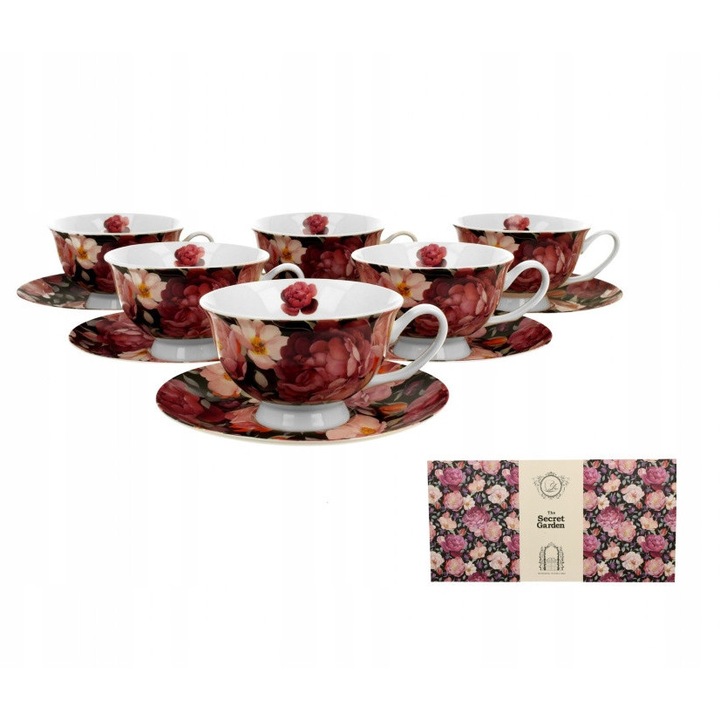 Комплект от 6 чаши и чинийки Duo Royal Spring Roses Black, порцелан, 230мл, 10,4x6,5см, многоцветен
