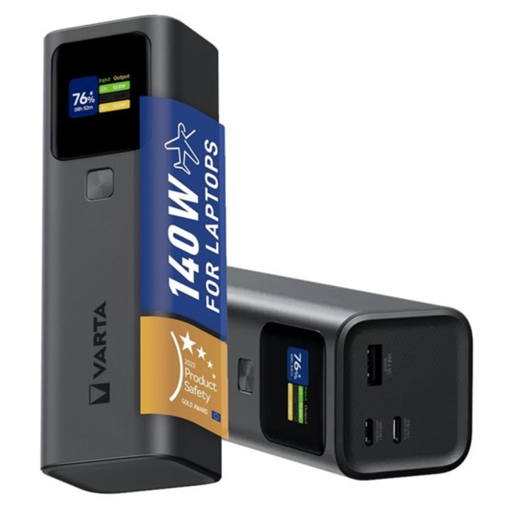 Varta vésztöltő usb+2 type-c aljzat, 27000mah, 140w, pd gyorstöltő 3.1, lcd kijelző, sötétszürke