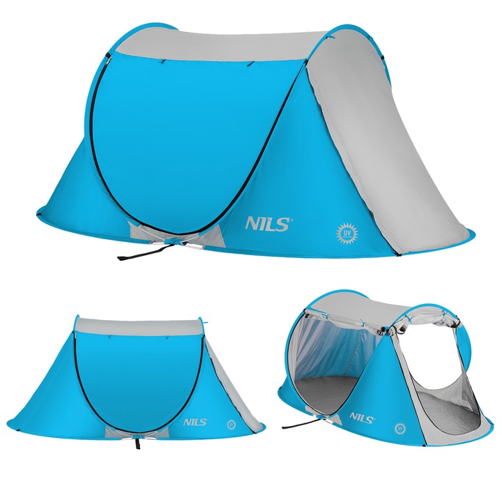 Cort de plaja auto-ridicare NILS CAMP NC3043 220×120 cm UV 30 SPF impermeabil 2000 mm ventilatie montaj rapid camping plaja usor 1,25 kg