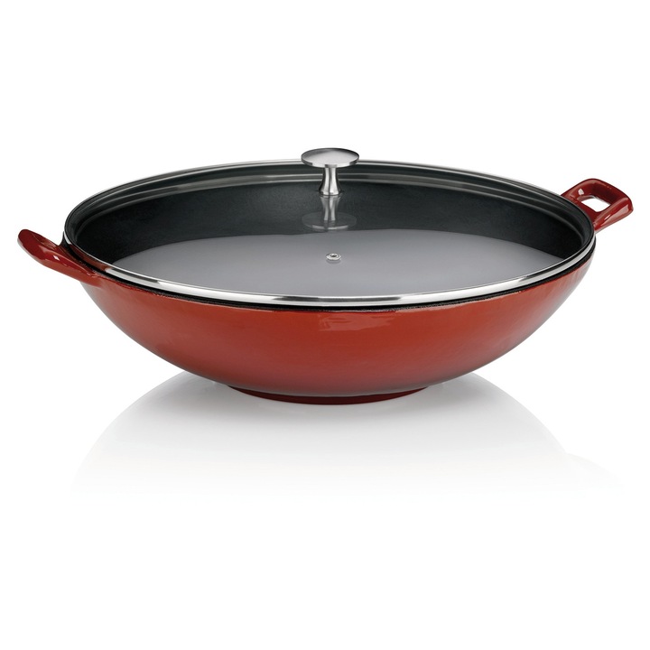 Wok Kela Calido 36cm 4L zománcozott piros üvegfedővel