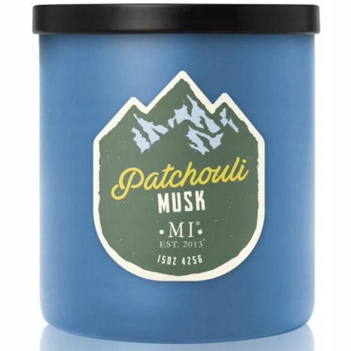 Lumanare parfumata soia Colonial Candle Patchouli Musk albastru 425g