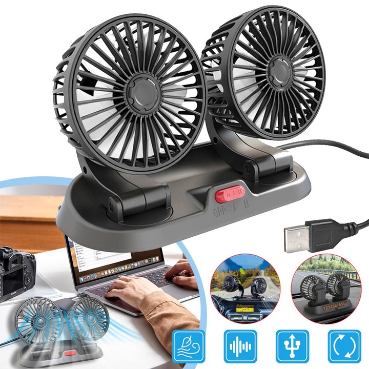 Ventilátor Autóba, 5V, Dupla Fejjel, 360°-ban Forgatható Autó Ventilátor 2 Sebességgel, Csendes, Hordozható Autó Ventilátor Hideg Levegő Fújásához, USB Hűtő Ventilátor, Autókba, Otthonra és Irodába