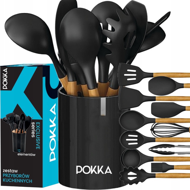 Set ustensile bucatarie Pokka 12 piese silicon negru lemn inox 30x230°C
