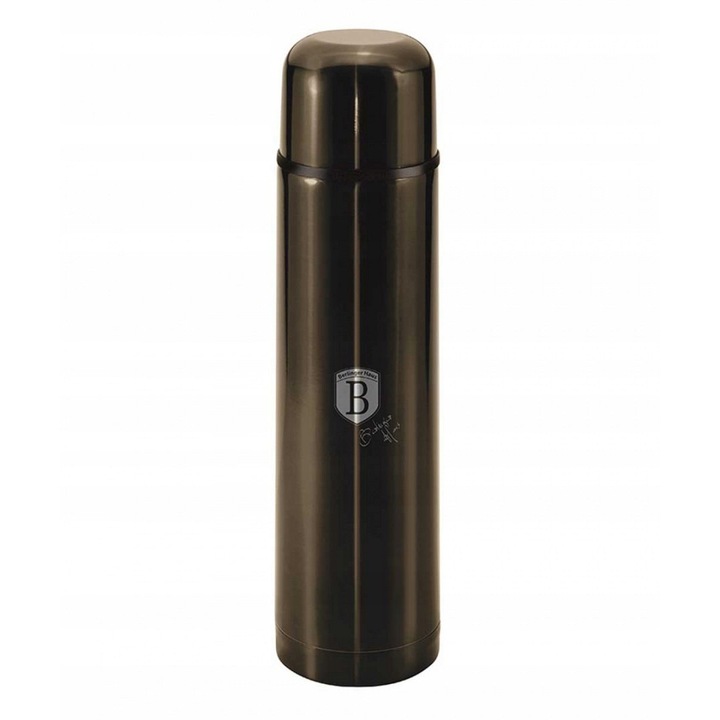 Termos sticla termica Berlinger Haus Shiny Black Collection, din otel inoxidabil, capac convertibil in pahar, deschidere click-clack, negru metalic, 750ml