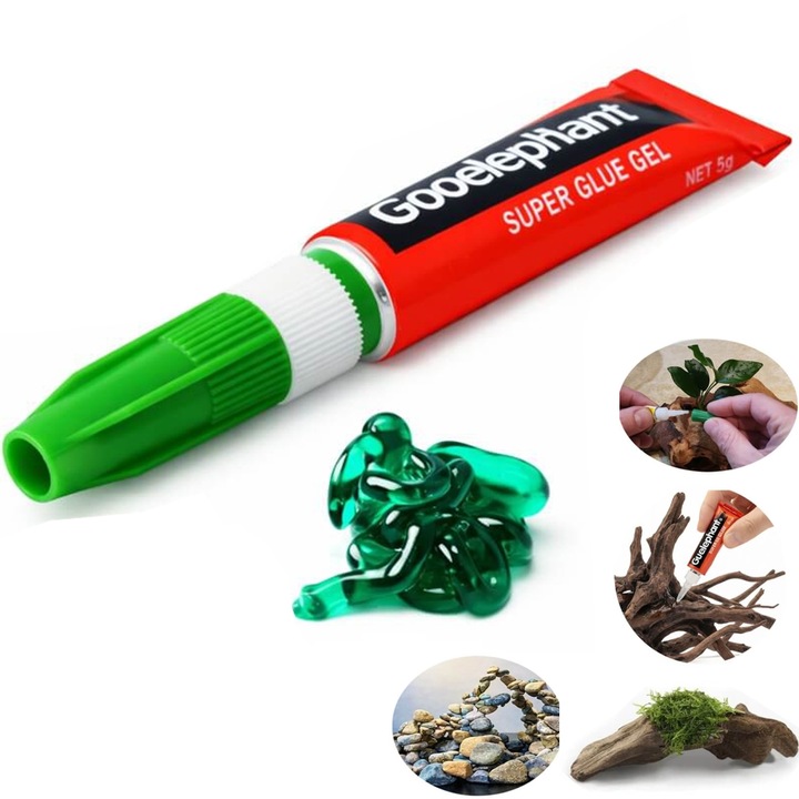 Lipici plante acvariu Guoelephant Super Glue Elephant 5g, lipici subacvatic verde, super glue gel, adeziv moss si corali, fixare rapida plante si decor acvariu