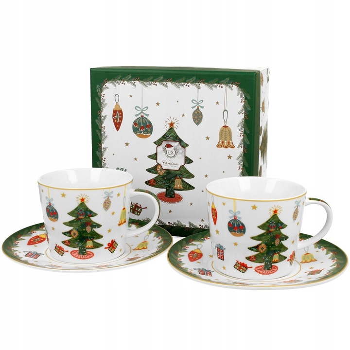 Set 2 cani Duo Around Christmas Tree, portelan, alb verde, 250ml