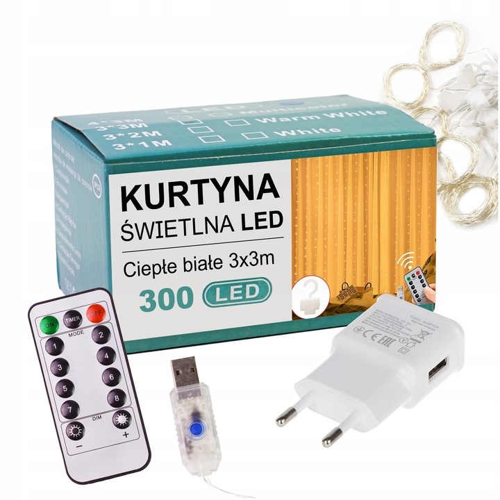 LED fényfüggöny 3x3m 300 melegfehér izzó, többfunkciós távirányítóval