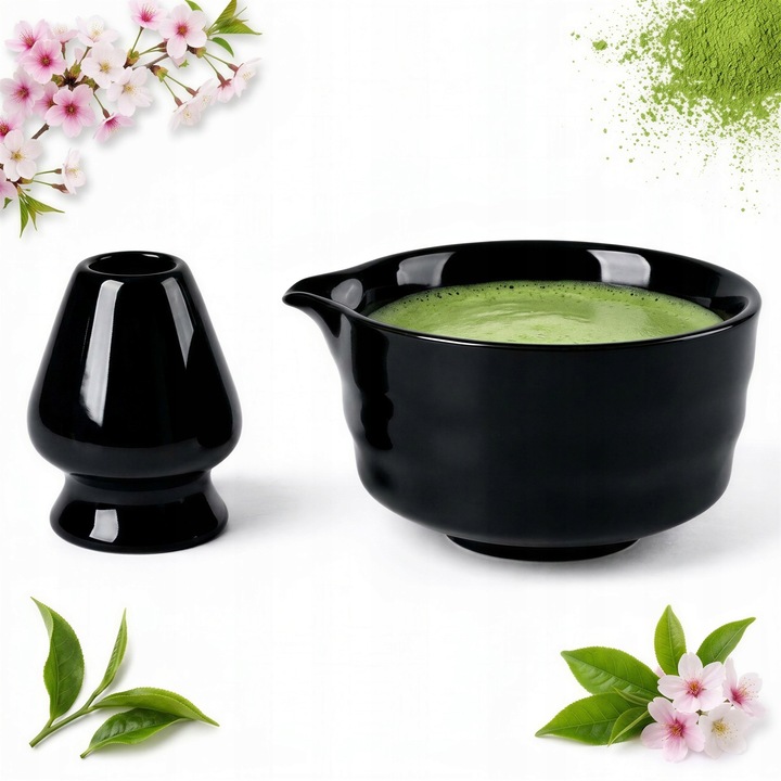 Set ceramic negru pentru matcha, bol 13cm, suport 7.5cm