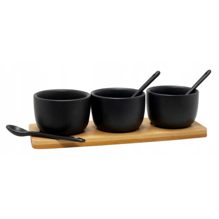 Set 3 boluri portelan negru cu linguri si tava bambus 21.5x7.5x5cm