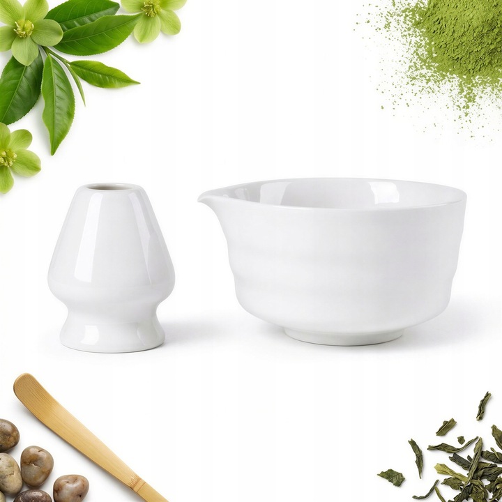 Set ceramic alb pentru matcha, bol 13x7cm, suport 3.5x7.5cm