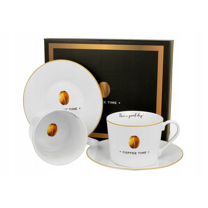 Set 2 cani Duo Coffee Time, portelan, alb, 230ml, 8,5x6,5cm, cu farfurii 14cm