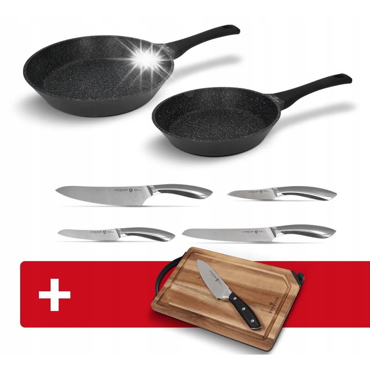 Zwieger Black Stone 6 részes serpenyő és késkészlet, fekete, vágódeszkával és élezővel