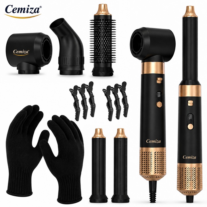 Perie de Par Rotativa 6 in 1 Cemiza™, Styling Rapid fara Efort, Ondulare, Volum si Indreptare, Cap Rotativ Automat, 1000W, Temperatura reglabila, 5x Capete Profesionale, 6x Agrafe si Set Manusi incluse