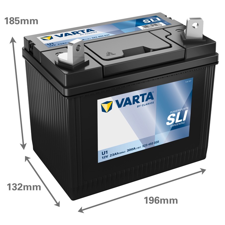 Baterie Varta Gardening SLI U1 12V 23Ah 523450030 pentru tractorase de tuns iarba, plusul in stanga, 196x132x185mm