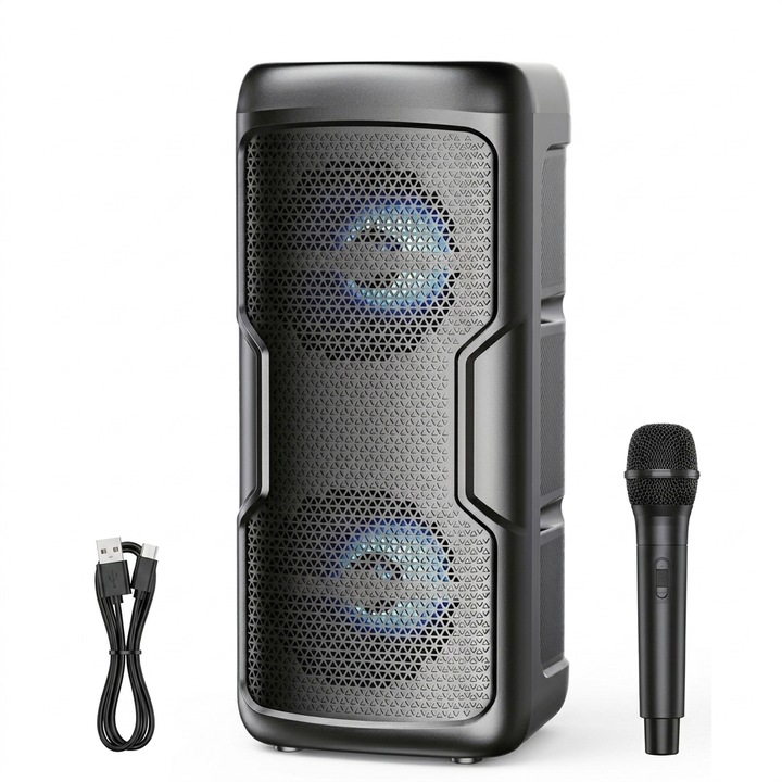 Boxa Bluetooth portabila Elworld KTS2360, boxa karaoke pentru exterior cu 1 microfon, iluminare LED RGB, Bluetooth 5.3, suport USB/TF, functie TWS