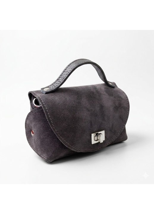 Geantă mini Zea, piele intoarsă gri, dimensiuni 18x11x8 cm, cu mâner scurt și curea lungă