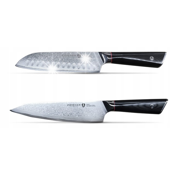 Zwieger Damascus 2 részes késkészlet, damaszkuszi acél 67 rétegű, Micarta G10 markolat, 20x17.5cm
