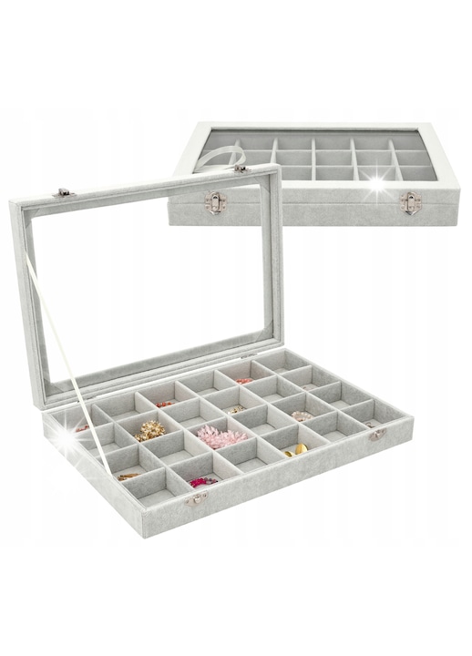 Cutie bijuterii Korbi organizator 24 compartimente catifea gri 35x24x5.5cm