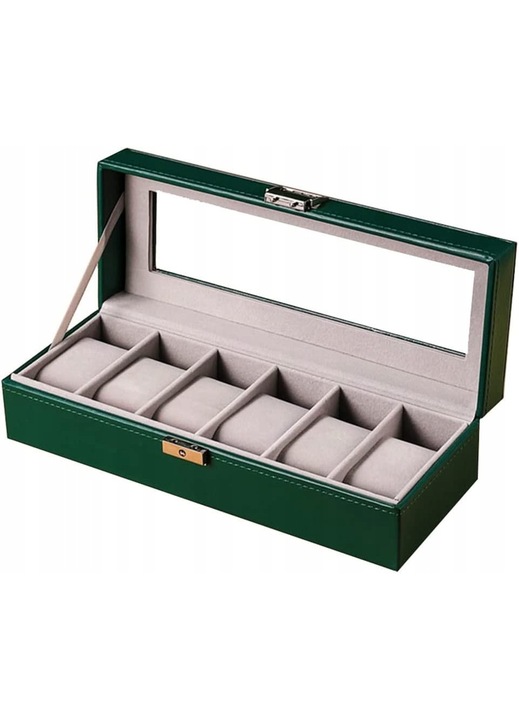 Cutie bijuterii Korbi, husa 6 ceasuri, piele ecologica crem-gri, 30x11x8cm, set pernute