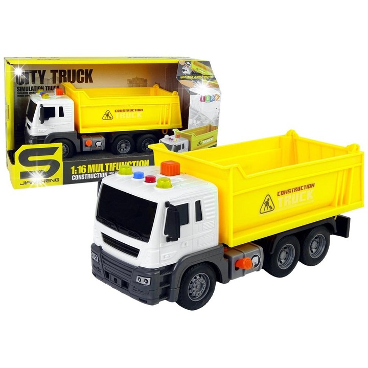 LEAN Toys billenős teherautó játék 1:16 sárga 24x10x11cm billenős pótkocsival és fényekkel, hangokkal