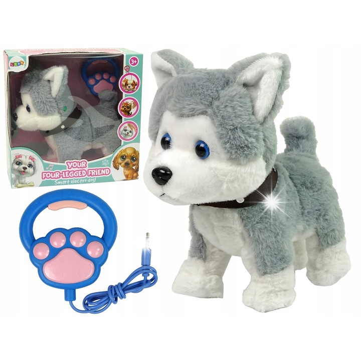 Catelus de plus interactiv LEAN Toys, husky, cu zgarda si lesa, 24x12x25cm