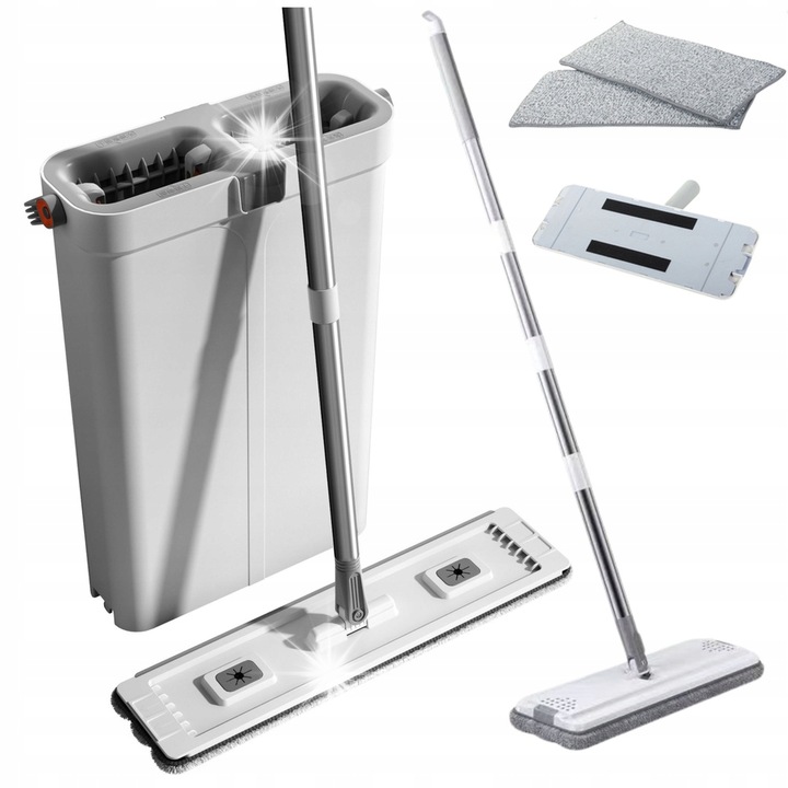 Set curatenie mop plat cu galeata dubla, microfibra, maner reglabil 81-140 cm, 38.5x19.5x16 cm