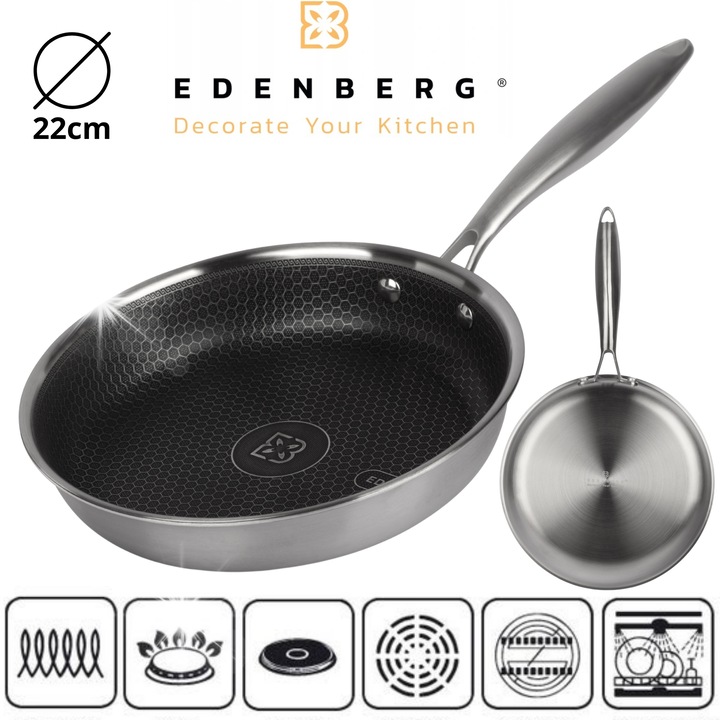 Edenberg 22cm tapadásmentes serpenyő, méhsejt rozsdamentes acél réteg