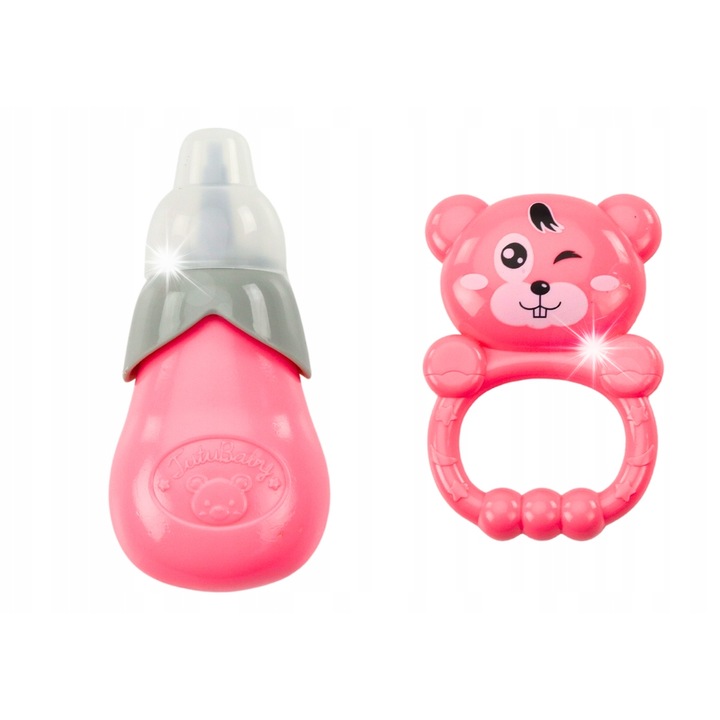 Кукла LEAN Toys в тъмносиня рокля, звуци, шише, дрънкалка, 30см