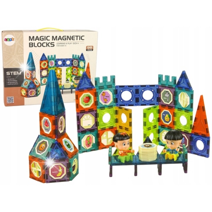 Set constructie magnetica 3D LEAN Toys, castel, 98 piese multicolor