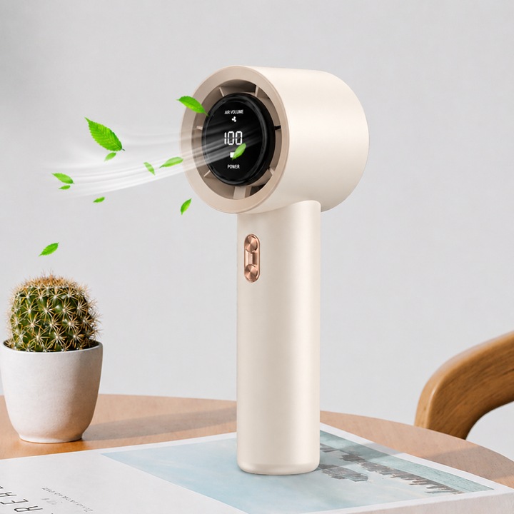 Ventilator mini turbo portabil, Reincarcabil, Compact, Afisaj digital, Flux de aer puternic, Racire rapida, Design modern, Silentios, Cream