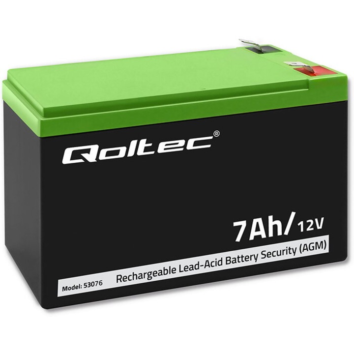 Baterie Qoltec AGM, 12V, 7Ah, Nu necesita intretinere, Eficienta, LongLife, pentru UPS, securitate