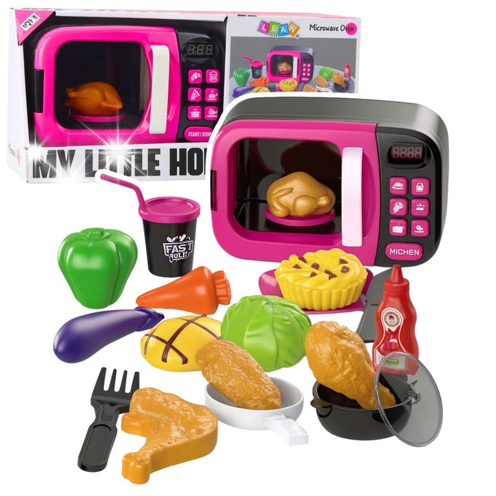 Cuptor cu microunde jucarie LEAN Toys roz rotativ lumini sunete