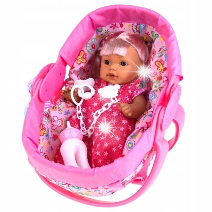 Papusa bebelus Lean Toys 30cm interactiva cu sunete blonda in port-bebe 34x20x16cm