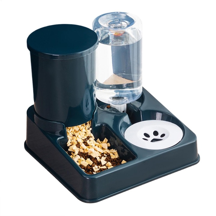 Dispenser automat hrana si apa caini/pisici NEXTLY, capacitate recipiente 750g si 1l, material sigur si rezistent, 27x26x23cm, albastru