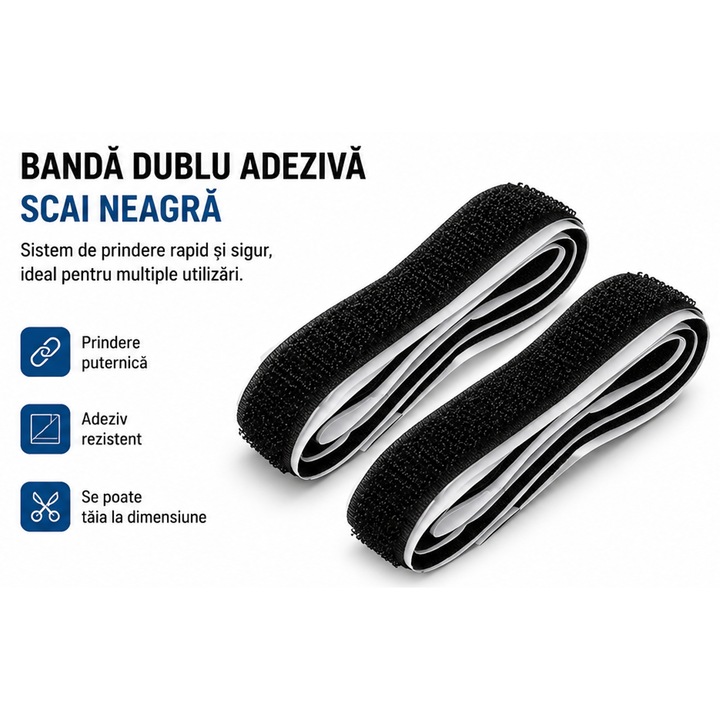 Fekete Tépőzáras Kétoldalas Szalag 1m x 2cm, Hook & Loop Rendszer, Gyors és Erős Rögzítés