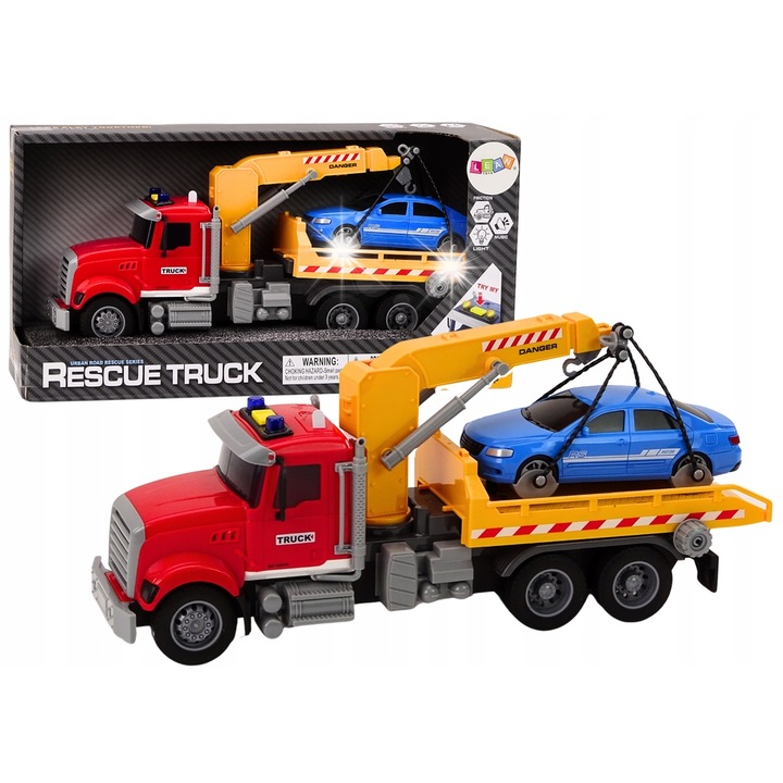 Camion platforma cu macara LEAN Toys rosu lumini sunete 30x10x12cm