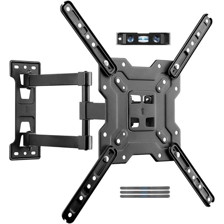 Suport TV reglabil de perete, 22”–57”, max. 40 kg, pivotant, otel profesional, VESA 75x75–200x200, Negru