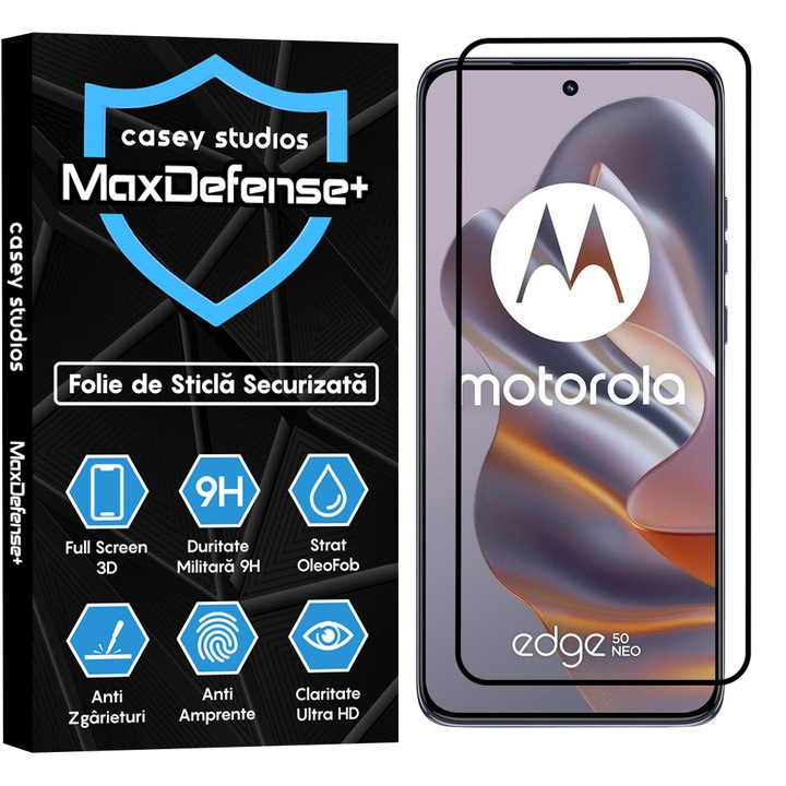 Folie Sticla CASEY STUDIOS™ compatibila cu Motorola Edge 50 Neo, Anti Socuri, Anti Zgarieturi, Protectie Profesionala Ecran 3D, Duritate Militara, Sticla Securizata, Full Cover 3D, Margini Negre