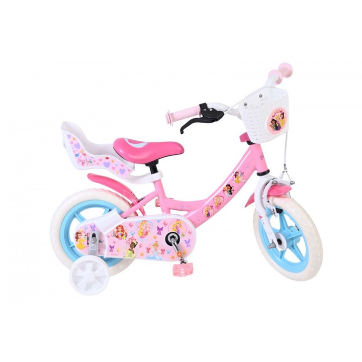 Bicicleta pentru copii E&L Disney Princess 12 inch, frana de mana, roti cauciuc EVA, scaun si ghidon reglabil, suport pentru papusi, cosulet pe ghidon