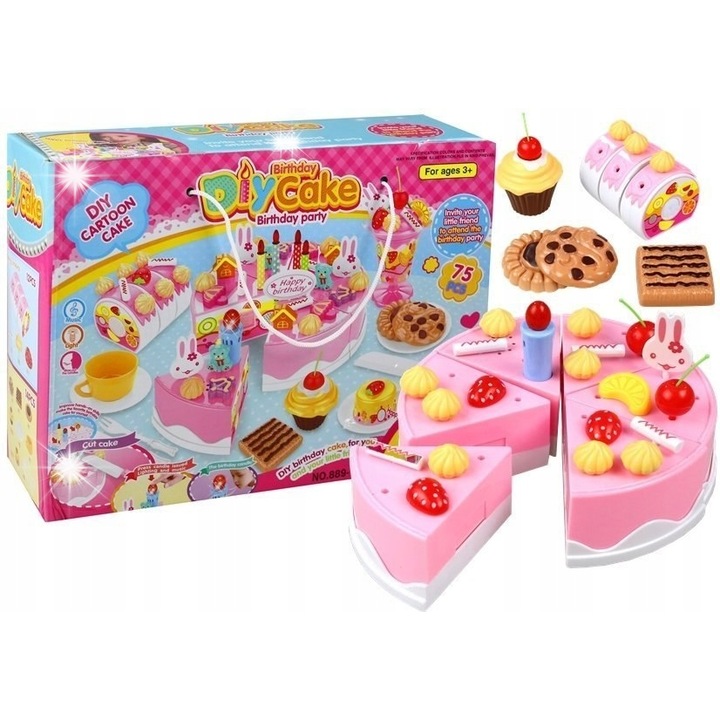 Set tort aniversar jucarie LEAN Toys, 75 piese, multicolor, 14x4cm