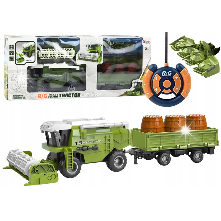 Combine agricola jucarie LEAN Toys RC verde cu remorca si lumini 30x10x15cm