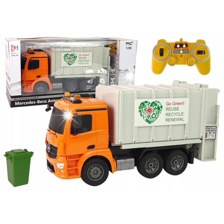 Camion de gunoi telecomandat Lean Toys Mercedes Benz Antos portocaliu 40x12x20cm