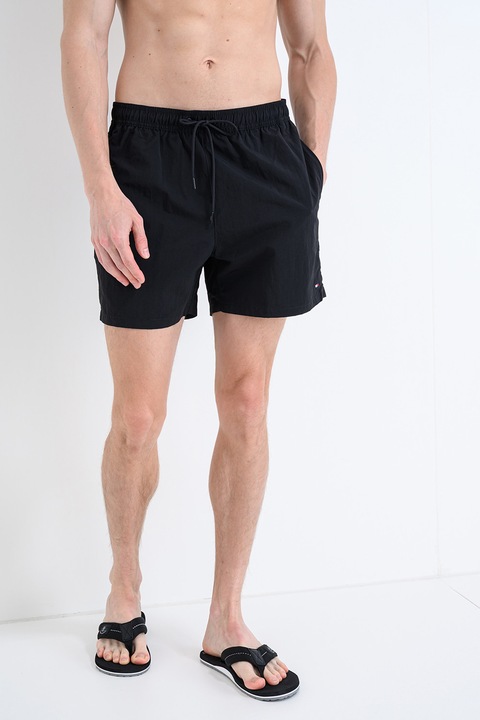 Tommy Hilfiger, Pantaloni scurti de baie cu snururi si model uni, Negru