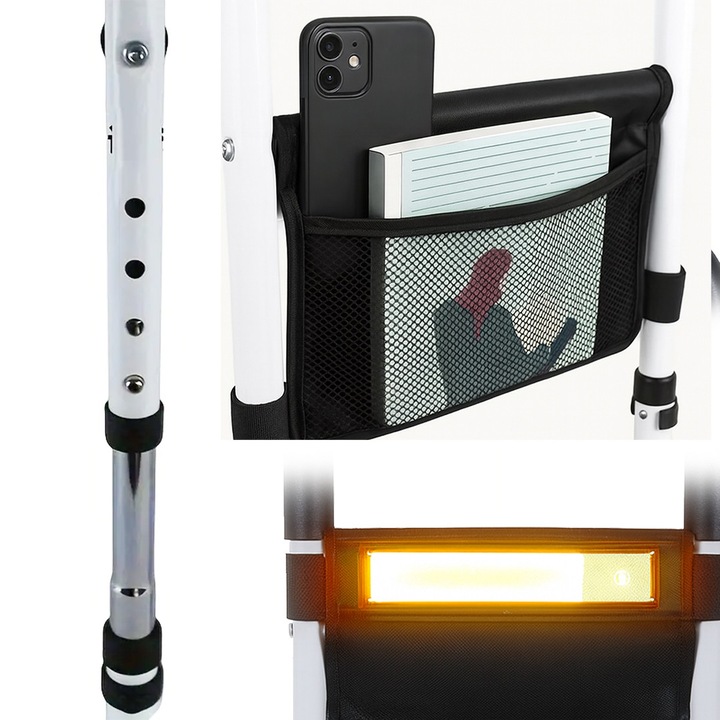 Bariera de siguranta pentru pat, suport lateral cu lampa LED si buzunar, alb, 50cm